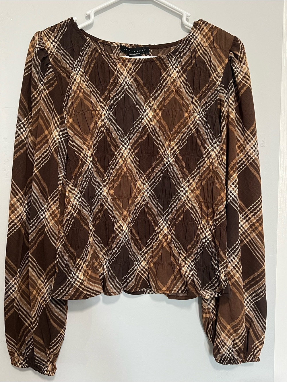 Sanctuary Brown Plaid Long Sleeve Scoop Neck Blouse